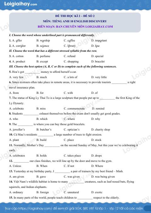 Đề thi học kì 2 Tiếng Anh 10 English Discovery - Đề số 2